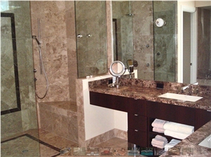 Polished Cappuccino marble master bathroom with dark Emperaor marble features Polished Cappuccino marble master bathroom with dark Emperaor marble features