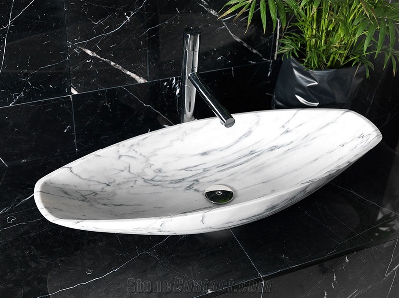 Bianco Carrara Venato Marble Wash Basin, Nero Marquina Marble Wall and Top