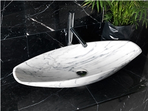 Bianco Carrara Venato Marble Wash Basin, Nero Marquina Marble Wall and Top Bianco Carrara Venato Marble Wash Basin, Nero Marquina Marble Wall and Top