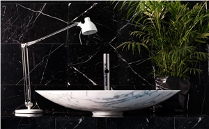 Bianco Carrara Venato Marble Wash Basin, Nero Marquina Marble Wall and Top