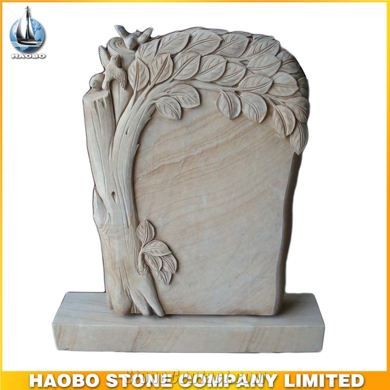 Tree Design Tombstone, China Wooden Beige Sandstone Monument & Tombstone