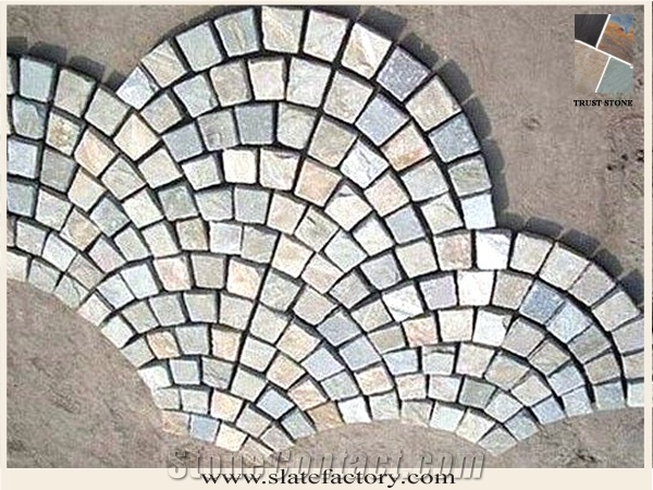 Cubes on Fan Shape Mesh Stone, Fan-Shaped Mesh Stone, Golden Beige Quartzite Pavers