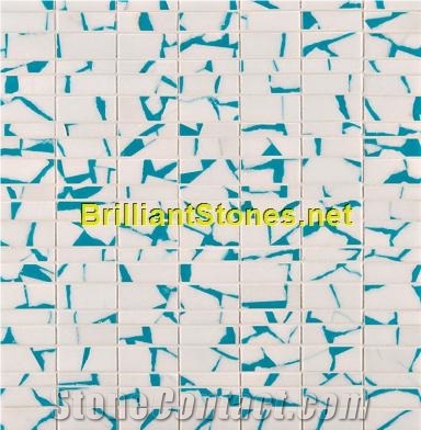 Sky Blue Dotted Crystal White Marble Mosaic