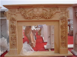Natural Yellow Sandstone Carved Rose Decoration Fireplace Mantel Frame for Hotel Villa House Interior Natural Yellow Sandstone Carved Rose Decoration Fireplace Mantel Frame for Hotel Villa House Interior