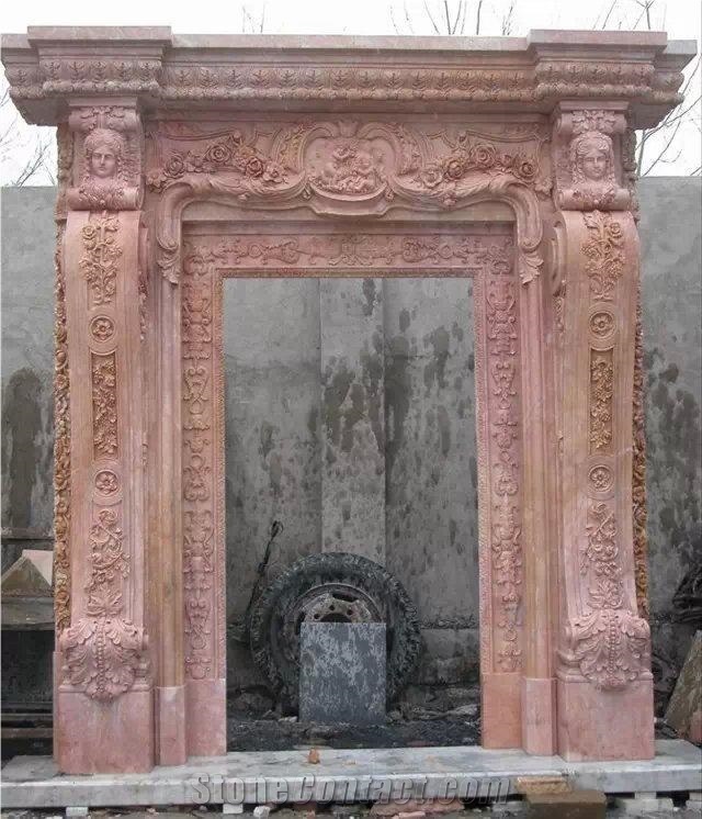 Rosalia Pink Marble Carved Rose & Goddess Head Decoration Fireplace Mantel / Frame for Hotel Villa House Interior