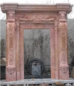 Rosalia Pink Marble Carved Rose & Goddess Head Decoration Fireplace Mantel / Frame for Hotel Villa House Interior Rosalia Pink Marble Carved Rose & Goddess Head Decoration Fireplace Mantel / Frame for Hotel Villa House Interior