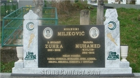 Engraved Absolute Black Granite and Sivec White Marble Headstones