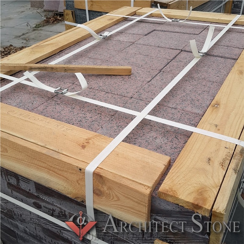 Red Granite Pavers Flamed, Symony Rosy Mist Cobble Stone