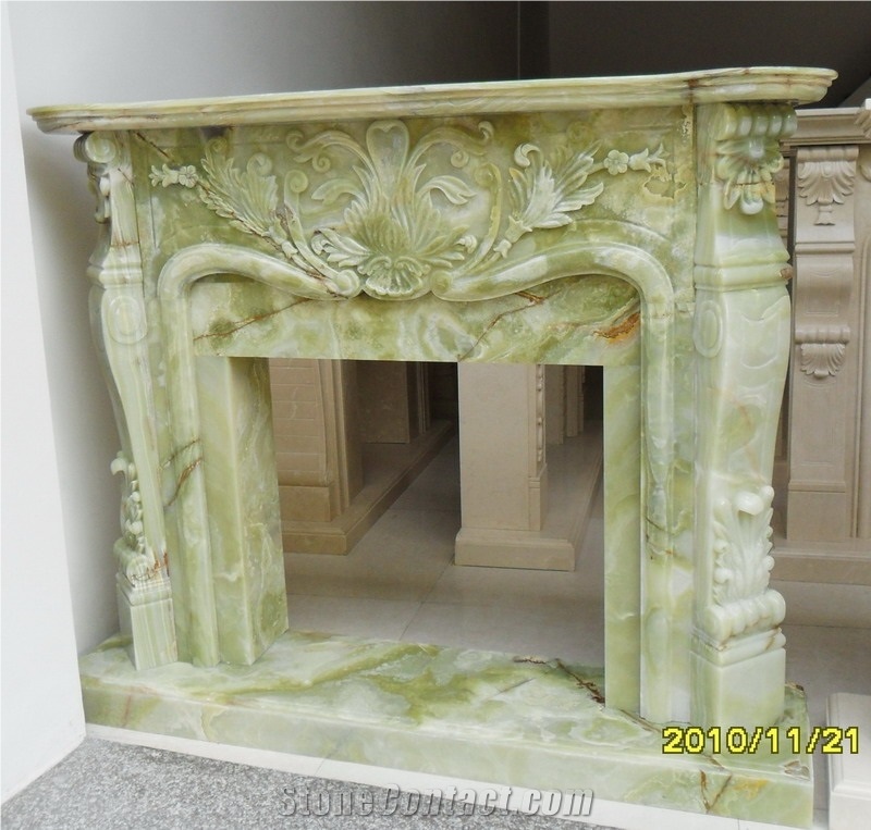 Green Jade Onyx Fireplace Hearth Flower Sculptured
