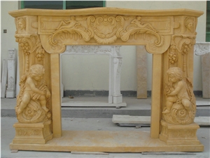 Human Sculptured Brown Marble Fireplace Mantel with Flower Sculptured