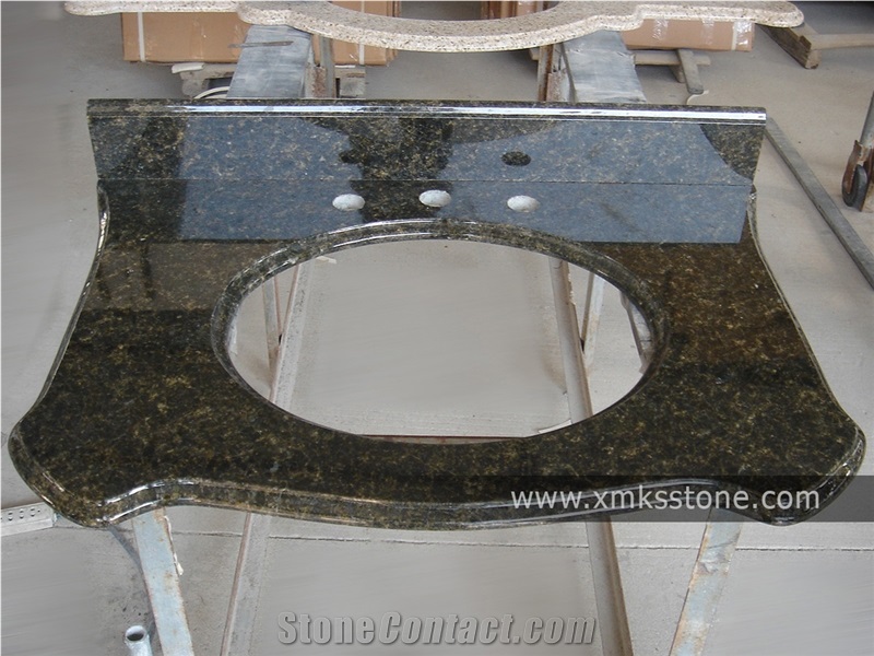 VT-3001 Classical Series Verde Ubatuba Granite Bath Top Set, Under Mount Sink Cutting Out, For Hotel, Apartment, Condo, Supermarket