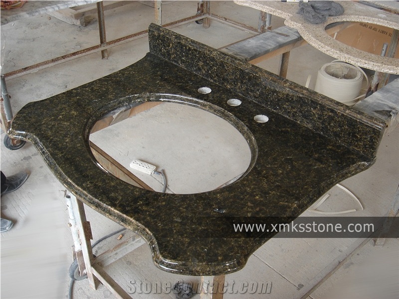 VT-3001 Classical Series Verde Ubatuba Granite Bath Top Set, Under Mount Sink Cutting Out, For Hotel, Apartment, Condo, Supermarket
