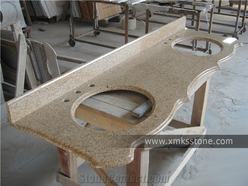 VT-3006 Classical Series G682 Rusty Yellow Granite Bath Top Set, Under Mount Sink Cutting Out, For Hotel, Apartment, Condo, Supermarket