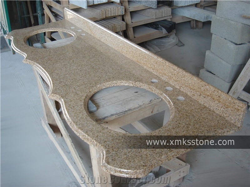 VT-3006 Classical Series G682 Rusty Yellow Granite Bath Top Set, Under Mount Sink Cutting Out, For Hotel, Apartment, Condo, Supermarket