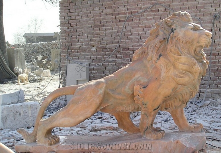 Lion Chinese Multicolored Red Marble Animal Sculpture & Statue