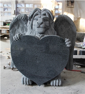 Dark Gray G654 Polished Heart and Lion with Wing Carving Tombstone & Monument