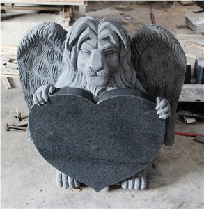 Dark Gray G654 Polished Heart and Lion with Wing Carving Tombstone & Monument