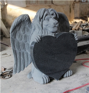 Dark Gray G654 Polished Heart and Lion with Wing Carving Tombstone & Monument