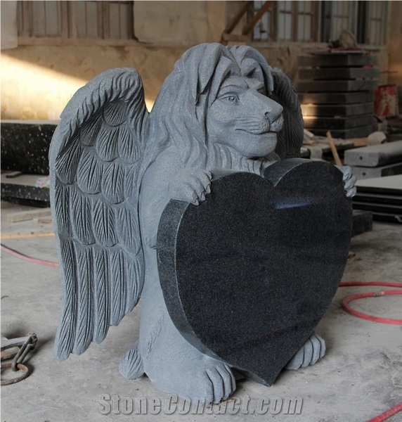 Dark Gray G654 Polished Heart and Lion with Wing Carving Tombstone & Monument