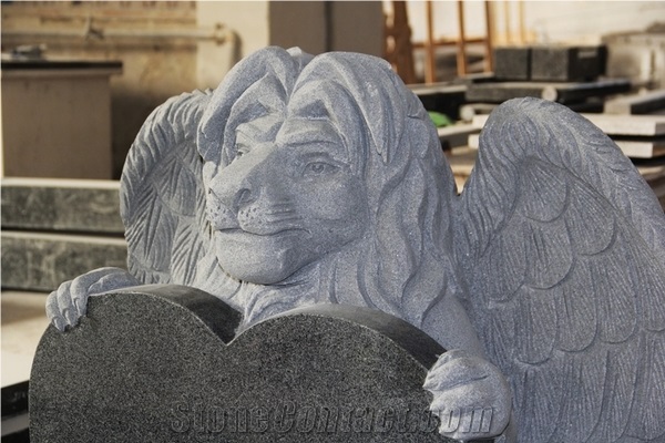 Dark Gray G654 Polished Heart and Lion with Wing Carving Tombstone & Monument