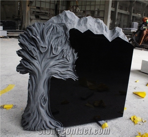 Shanxi Black Polished Tree Carving Tombstone & Monument