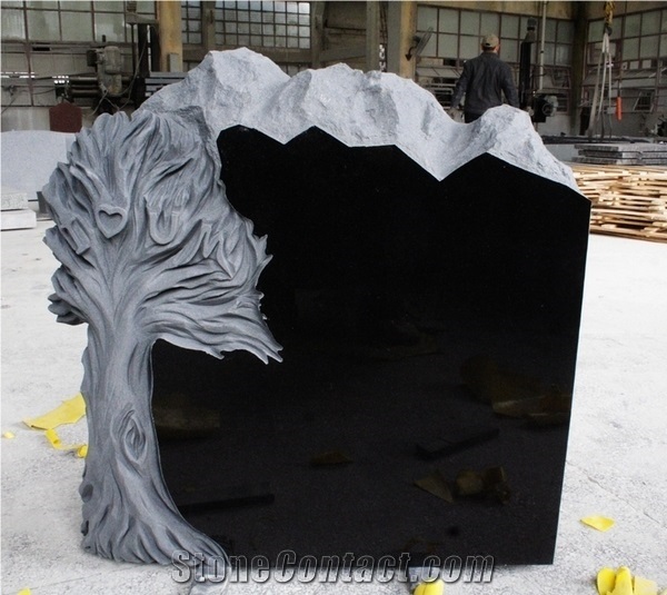Shanxi Black Polished Tree Carving Tombstone & Monument