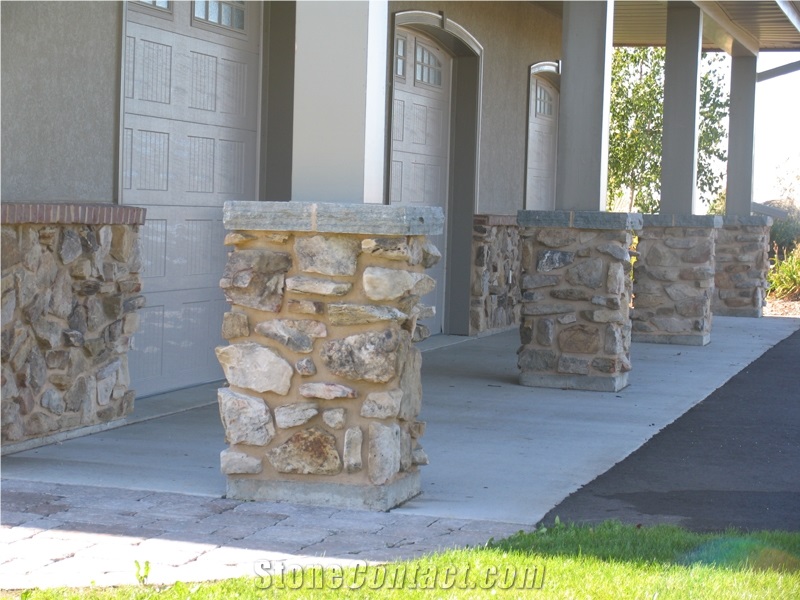 Frontier Gray Limestone Pillar Pier Cap with Ozark Fieldstone