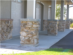 Frontier Gray Limestone Pillar Pier Cap with Ozark Fieldstone Frontier Gray Limestone Pillar Pier Cap with Ozark Fieldstone