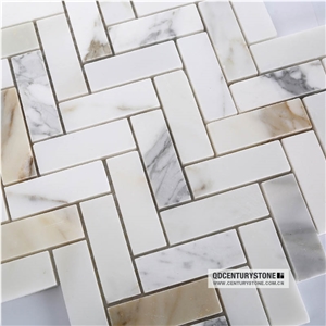 1x3 Inches Calacatta Gold Marble Herringbone Mosaic Tile