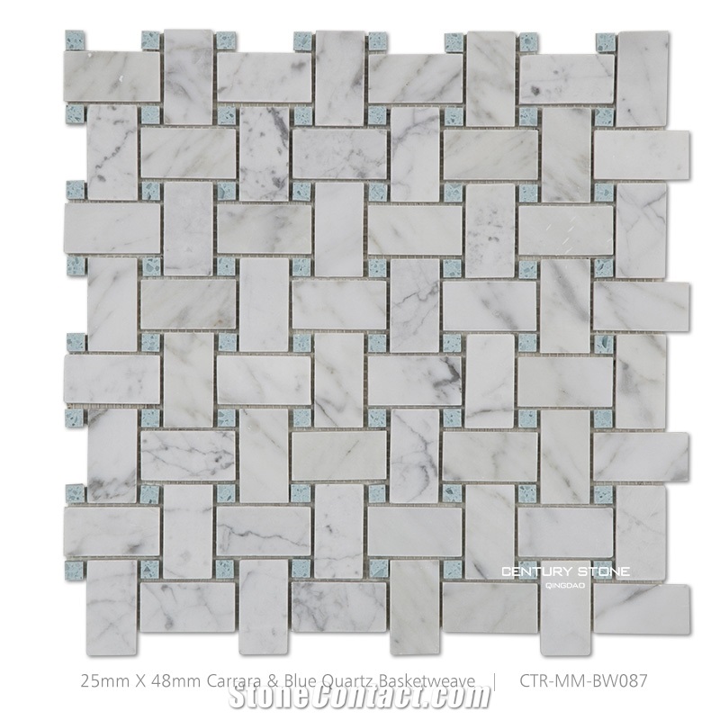 Bianco White Carrara Marble Mix Blue Quartz Basketweave Mosaic Tile