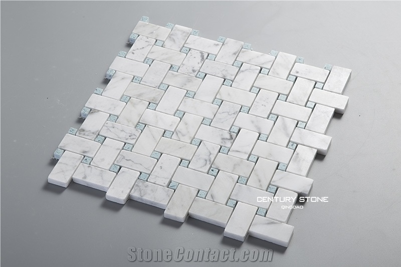 Bianco White Carrara Marble Mix Blue Quartz Basketweave Mosaic Tile