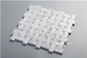 Bianco White Carrara Marble Mix Blue Quartz Basketweave Mosaic Tile