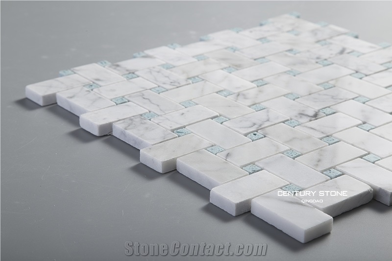Bianco White Carrara Marble Mix Blue Quartz Basketweave Mosaic Tile