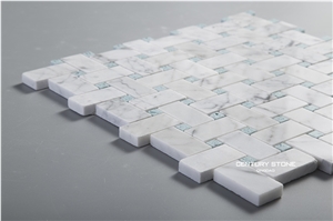 Bianco White Carrara Marble Mix Blue Quartz Basketweave Mosaic Tile