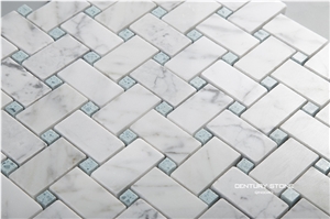 Bianco White Carrara Marble Mix Blue Quartz Basketweave Mosaic Tile