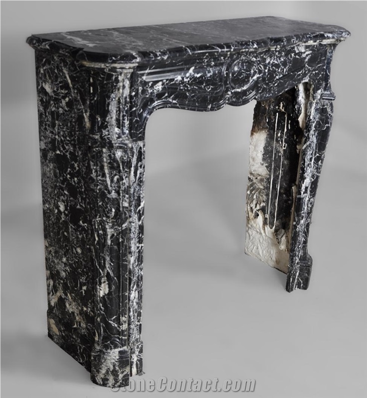 Antique Louis Xv Style Pompadour Fireplace Made Out Of Black Marquina Marble