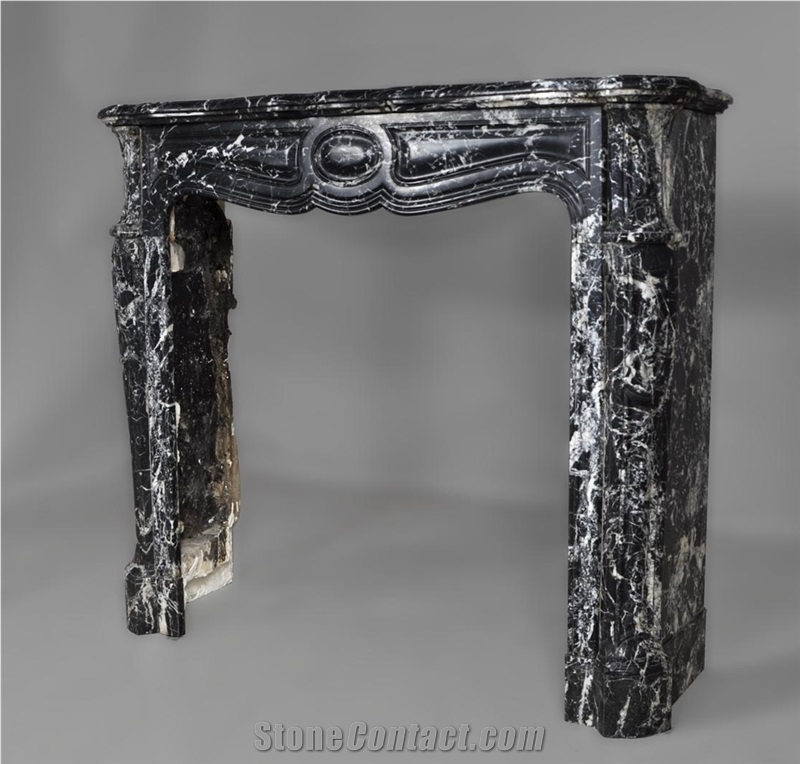 Antique Louis Xv Style Pompadour Fireplace Made Out Of Black Marquina Marble