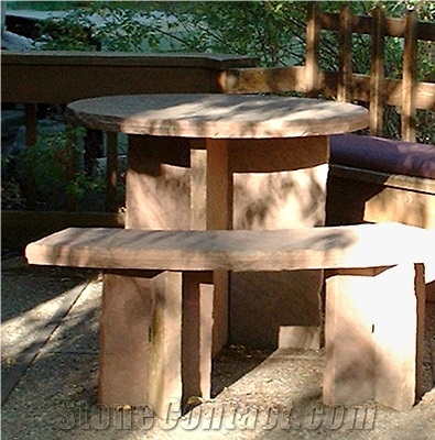 Lyons Red Sandstone Garden Table, Bench