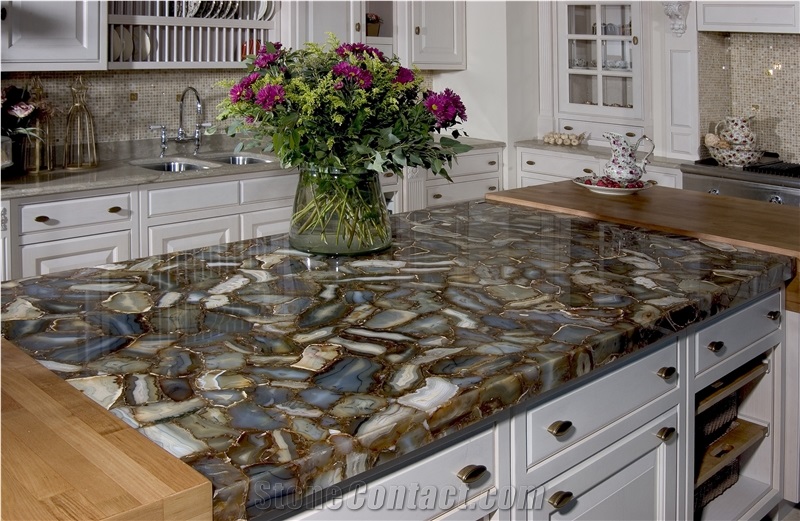 Blue Agate Semiprecious Stone Kitchen Top