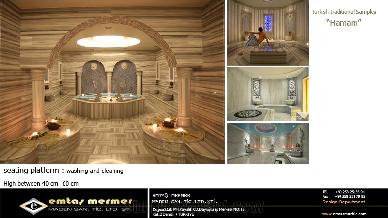Equator Marmara Marble in Turkish Bath-Hammam Design, White Marble Bath Design
