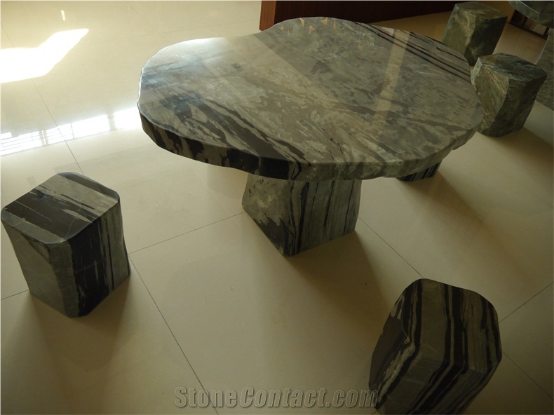 Garden Natural Table, Green Onyx Bench & Table