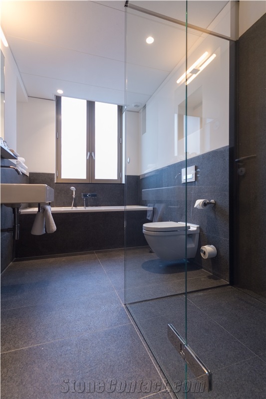 South Africa Absolute Black Granite-Flamed, Brushed Surface- Hotel Art Du Lac Bathroom Project