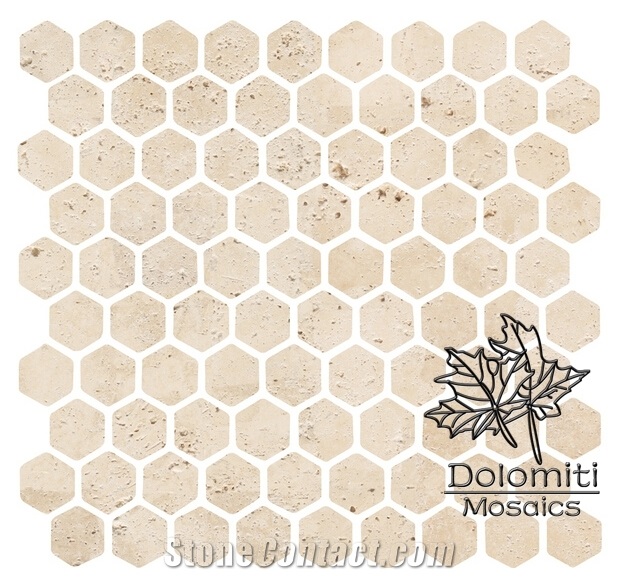 1x1 Beige Tumbled Travertine Hexagon Mosaic Tile