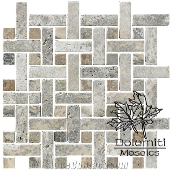 Basketweave Interlocking Marble Mosaic Tiles in 2/3x2" Silver Travertine