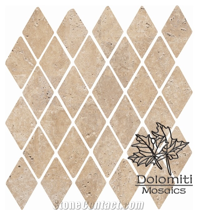 Diamond Pattern Stone Mosaic Tiles in Tumbled White Travertine