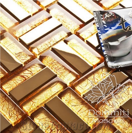 Glass and Metal Mosaic Tiles,Golden Metal and Golden Crystal Glass Mosaic