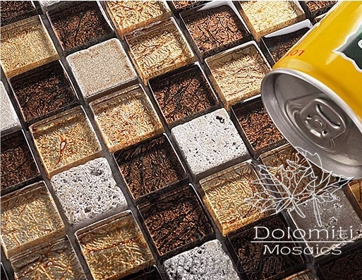 Glass and Stone Mosaic,Amber Crystal Glass and Tumbled Travertine