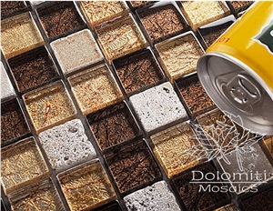 Glass and Stone Mosaic,Amber Crystal Glass and Tumbled Travertine