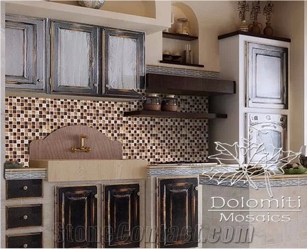 Glass and Stone Mosaic,Amber Crystal Glass and Tumbled Travertine
