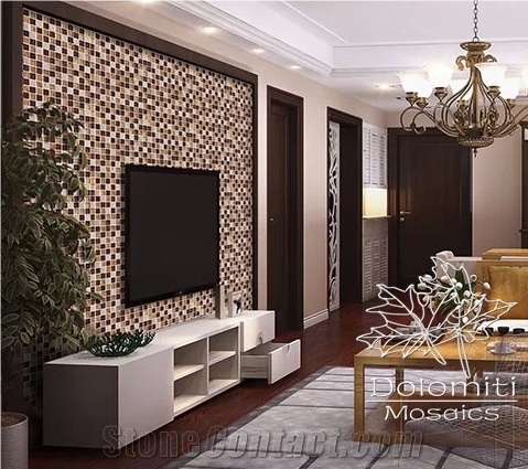 Glass and Stone Mosaic,Amber Crystal Glass and Tumbled Travertine
